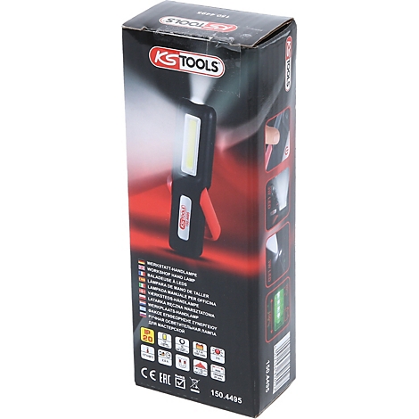 Een KS TOOLS werkplaatshandlamp wordt gepresenteerd. Productinformatie en logo's zijn te zien op de verpakking.